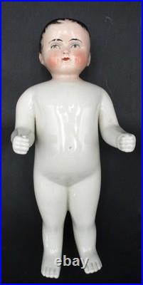 10 Antique German Frozen Charlie Porcelain China Doll Tinted Head Black Hair