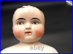 10 Antique German Frozen Charlie Porcelain China Doll Tinted Head Black Hair