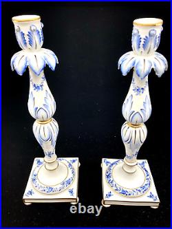12 Antique FRENCH COUNTRY Blue GOLD White PORCELAIN Candlesticks GERMAN Vintage