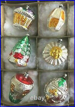 12 VINTAGE 1940s GERMAN FIGURAL MERCURY GLASS CHRISTMAS ORNAMENTS IN BOX#1