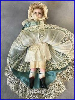 14-Inch Antique German Poured Wax doll Blue glass eyes Orig costume