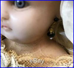 14-Inch Antique German Poured Wax doll Blue glass eyes Orig costume