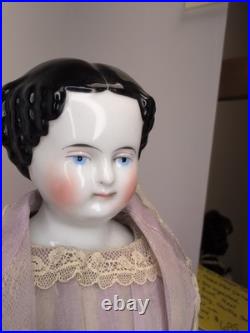 16 Antique German Porcelain China Head Doll High Brow Flat Top Original Body #A