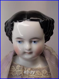 16 Antique German Porcelain China Head Doll High Brow Flat Top Original Body #A