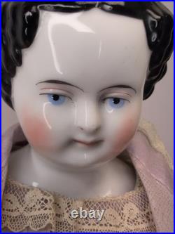 16 Antique German Porcelain China Head Doll High Brow Flat Top Original Body #A