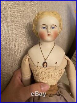17 Antique German China Doll With Fancy Unusual Hair Parian Style Nice Dress