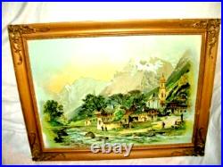 1870s Chromolithograph German Bavaria Chalet Village Tinted Old Glass Brass