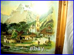 1870s Chromolithograph German Bavaria Chalet Village Tinted Old Glass Brass