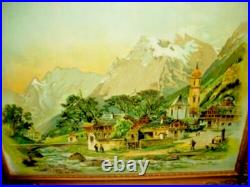 1870s Chromolithograph German Bavaria Chalet Village Tinted Old Glass Brass
