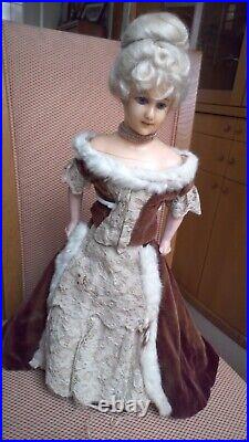 18 Antique German Wax Over Composition Character Lady Fashion Doll circa 1900