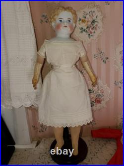 18 Antique Porcelain German China Head ABG Blonde Hair Exp. Ears Leather Arms