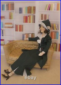 1920s Anita Bed Doll Brunette Green Wool Suit Antique German Boudoir Estate Doll