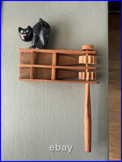 1920s GERMAN WOODEN BLACK CAT NOISE MAKER VINTAGE HALLOWEEN ANTIQUE