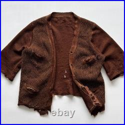 1930s Vintage Antique German Thrashed Worn Distressed Brown Wool Knit Cardigan