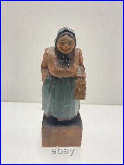1938 German Carved Wood Woman With Bread Basket Vintage Antique