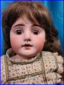 21 ANTIQUE GERMAN MAX HANDWERCK Doll inset brown eyes great wig leather body