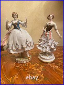 2 Vintage German Dresden Volkstedt Rudolstadt Porcelain Ladies Figure Figurines