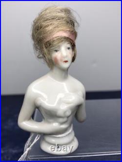 3.25 Antique German Bisque Half 1/2 Doll Lady With Vintage Wig CC