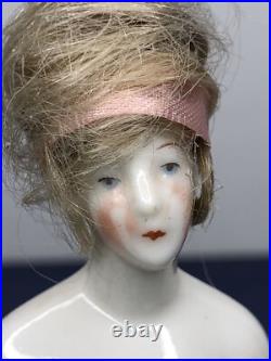 3.25 Antique German Bisque Half 1/2 Doll Lady With Vintage Wig CC