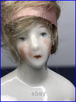 3.25 Antique German Bisque Half 1/2 Doll Lady With Vintage Wig CC