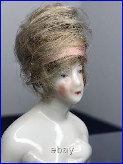 3.25 Antique German Bisque Half 1/2 Doll Lady With Vintage Wig CC