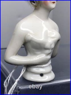 3.25 Antique German Bisque Half 1/2 Doll Lady With Vintage Wig CC