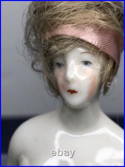 3.25 Antique German Bisque Half 1/2 Doll Lady With Vintage Wig CC