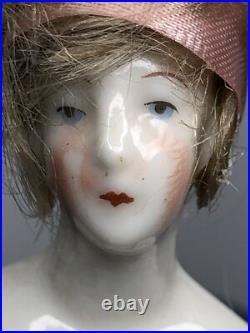 3.25 Antique German Bisque Half 1/2 Doll Lady With Vintage Wig CC