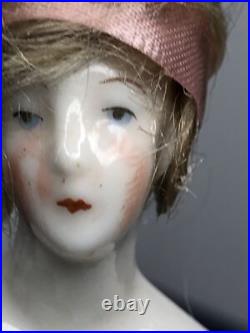 3.25 Antique German Bisque Half 1/2 Doll Lady With Vintage Wig CC
