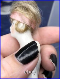 3.25 Antique German Bisque Half 1/2 Doll Lady With Vintage Wig CC