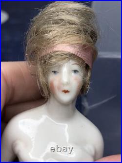 3.25 Antique German Bisque Half 1/2 Doll Lady With Vintage Wig CC