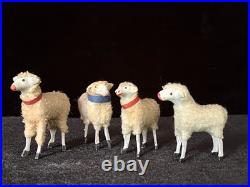 4 Antique Vintage Christmas Wooly German Putz Stick Leg Sheep