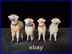 4 Antique Vintage Christmas Wooly German Putz Stick Leg Sheep