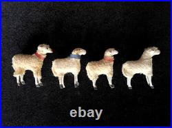 4 Antique Vintage Christmas Wooly German Putz Stick Leg Sheep
