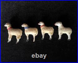 4 Antique Vintage Christmas Wooly German Putz Stick Leg Sheep