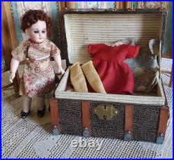7 Antique German Bisque Head Doll With Trunk & Wardrobe
