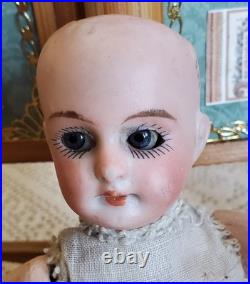 7 Antique German Bisque Head Doll With Trunk & Wardrobe
