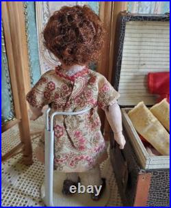 7 Antique German Bisque Head Doll With Trunk & Wardrobe
