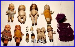8 Antique Doll Figures, Shoes & Clothes 6 Bisque & 2 Plastic German & Japan Made