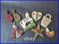 8 Vintage German Wax Christmas Ornaments, Horse, Angel, Heart, Mandolin, Star