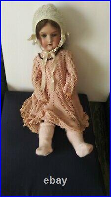 ANTIQUE BISQUE HEAD DOLL -COMP BODY-24 with Necklace, Bonnet and Knit Dress