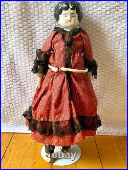 ANTIQUE LOW BROW GERMANY 1920s CHINA HEAD DOLL LEATHER BODY JOINTED KNEES SHOES