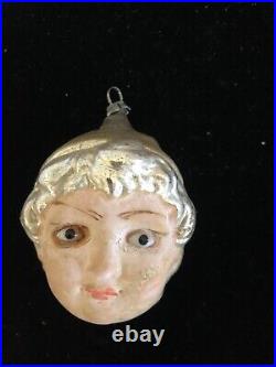 ANTIQUE RARE GLASS Girl's Head in a Silver Tam Hat GERMAN CHRISTMAS ORNAMENT