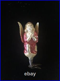 ANTIQUE/VINTAGE GERMAN GLASS FIGURAL KNEELING ANGEL WithSCRAP WINGS CLIP-ON