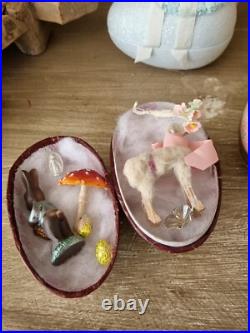 ANTIQUE VINTAGE PAPIER MACHE GERMAN Easter Egg PUTZ RUSTIC SHEEP CERAMIC BUNNY