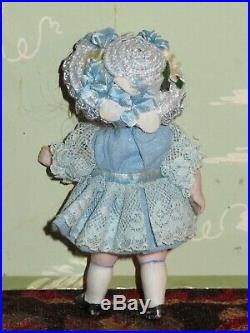 Adorable 4 1/2 Antique German Kestner All Bisque Doll With Case & Trousseau