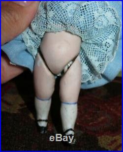 Adorable 4 1/2 Antique German Kestner All Bisque Doll With Case & Trousseau