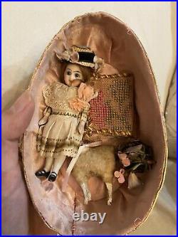 All Bisque Antique French Mignonette Doll With Presentation Egg And Accessories