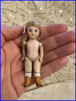 All Original All Bisque 3.25 Kestner Doll With Golden Yellow Boots Mignonette