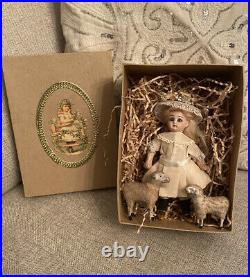All Original Antique 5 Doll Mignonette Size With Sheep And Box French Face